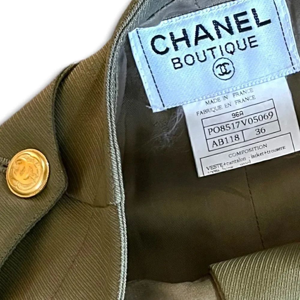 VINTAGE CHANEL Military Green Stunning High-Waisted Wool & Silk Tailored Pants